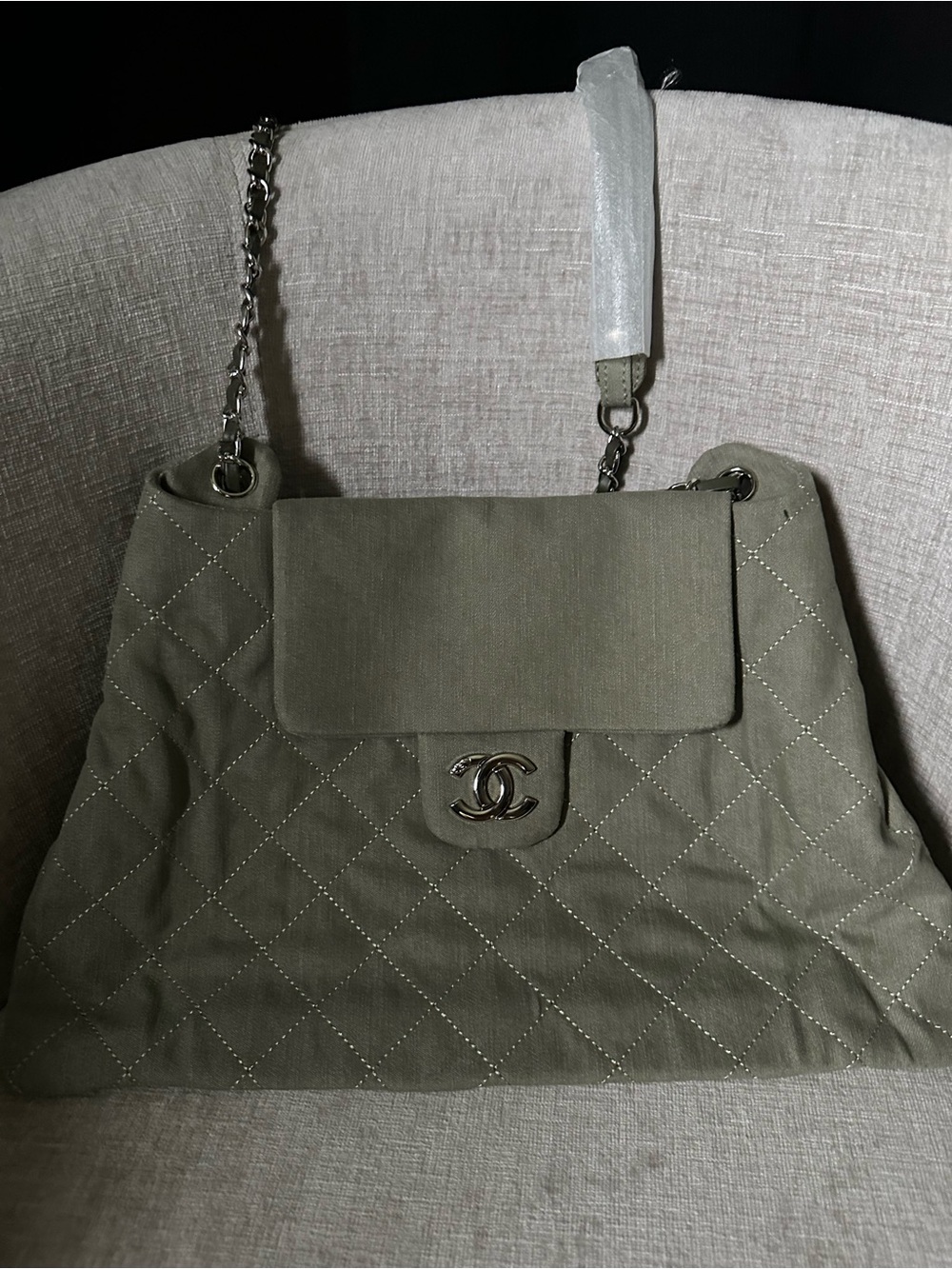 Quilted Shoulder Bag in light Olive Green Canvas with Silver Hardware